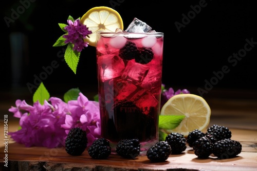 Iced blackberry lemonade with a profusion of wildflowers.