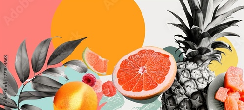 Summertime joy captured in a playful collage, featuring a monochrome pineapple with vibrant oranges, grapefruits, and raspberries against a pastel backdrop with yellow sun accents. photo