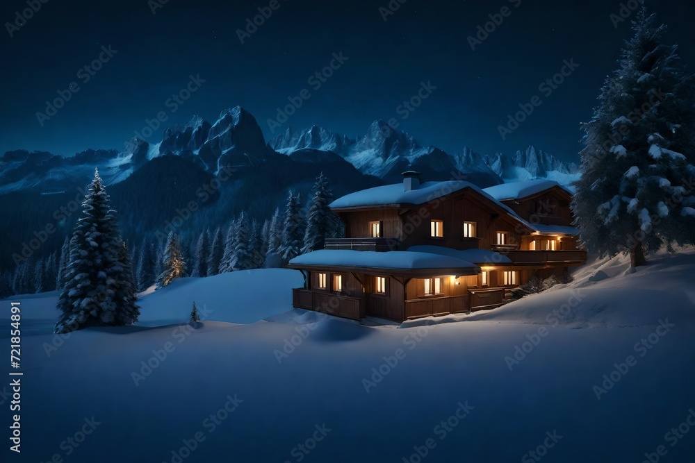 A cottage house at night in the snow