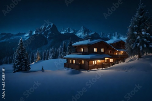 A cottage house at night in the snow © sundas