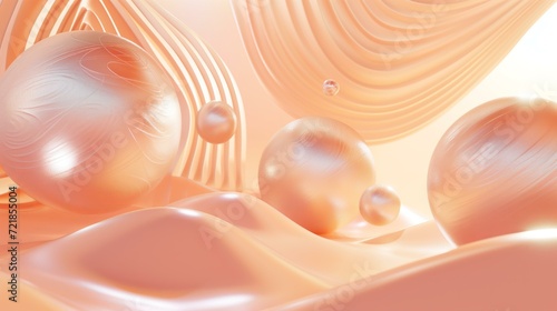 abstract 3d pastel peach color flying blobs, curvy shapes, some metallic shapes, shapes have different texture, glowing photo