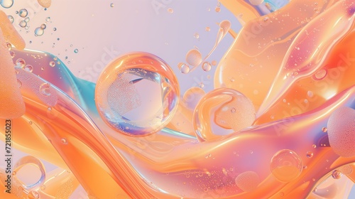 abstract 3d pastel peach color flying blobs, curvy shapes, some metallic shapes, shapes have different texture, glowing