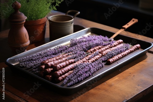 Chocolate-covered pretzel rods on a tray with a field of lavender.
