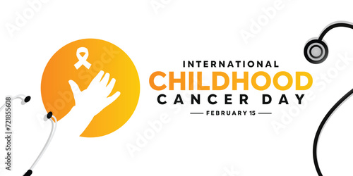 International Childhood Cancer Day (ICCD) is celebrated annually on February 15th. Hand, stethoscope and ribbon. White background. Suitable for banners, posters, cards and more. photo