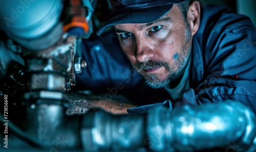 Stationary water engineer at work. plumber carefully fixes a leak from tubes using a wrench.