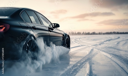 Car drifting concept on snow. Luxury cars race at high speed on snowy road