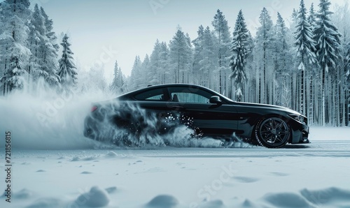 Car drifting concept on snow. Luxury cars race at high speed on snowy road
