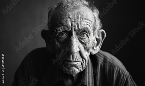 Old man face in black white color. Detail of wrinkles on senior skin or face © Milan