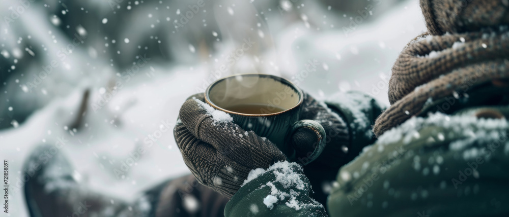 Hands in knitted gloves warming up on a steaming cup, amidst a gentle snowfall