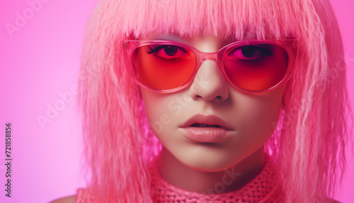 Abstract fantasy girl wearing colorful fluffy fur stole around her neck and sunglasses. Light form Studio lighting on pink background.