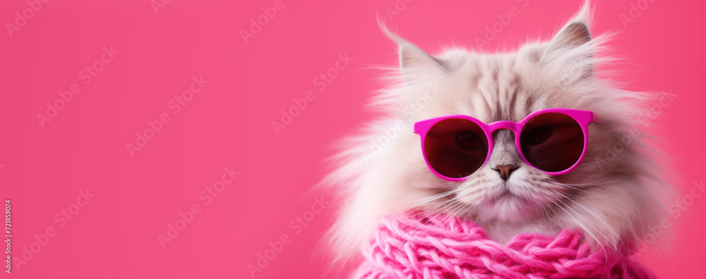 Banner of cute cat wearing pink yarn, sunglasses isolate on pink background.