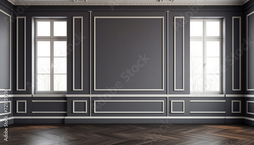 Empty room with sunlight shining, large window. black gradient soft light background of studio for artwork design.	

