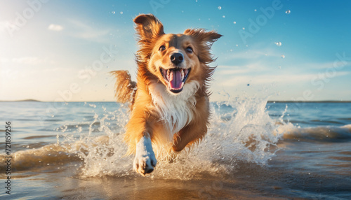 Happy dog running with a lot of splashing on a sandy summer beach. 