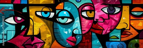 graffiti background with cubist shapes and faces, vibrant colors, grunge