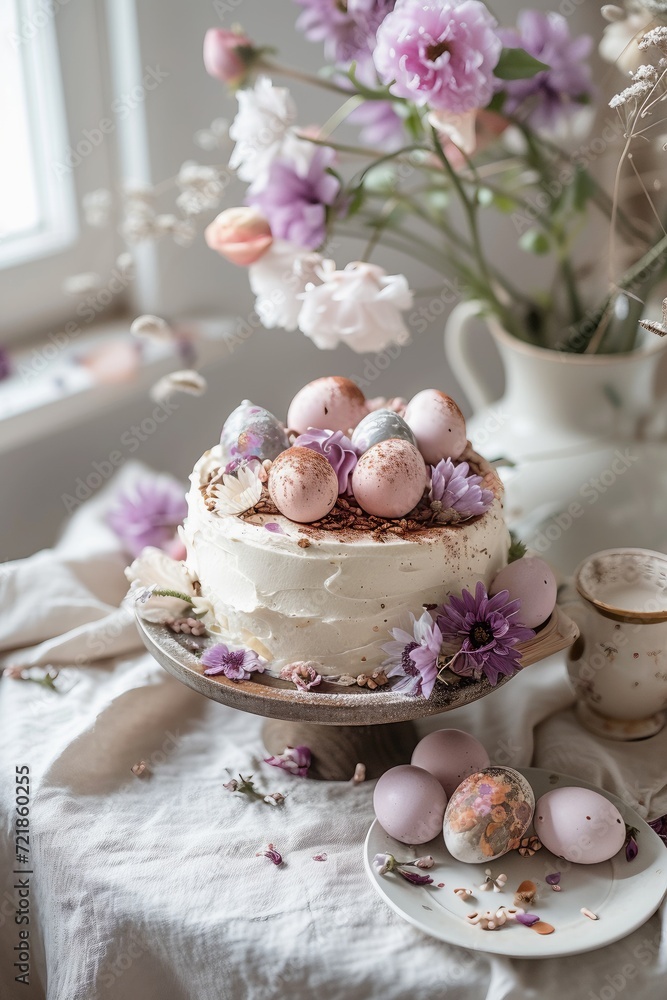 Fototapeta premium Aesthetic photo of a cake. Easter holiday. Easter cake. Food photo. Naturalistic aesthetics. Easter coolies with Easter eggs