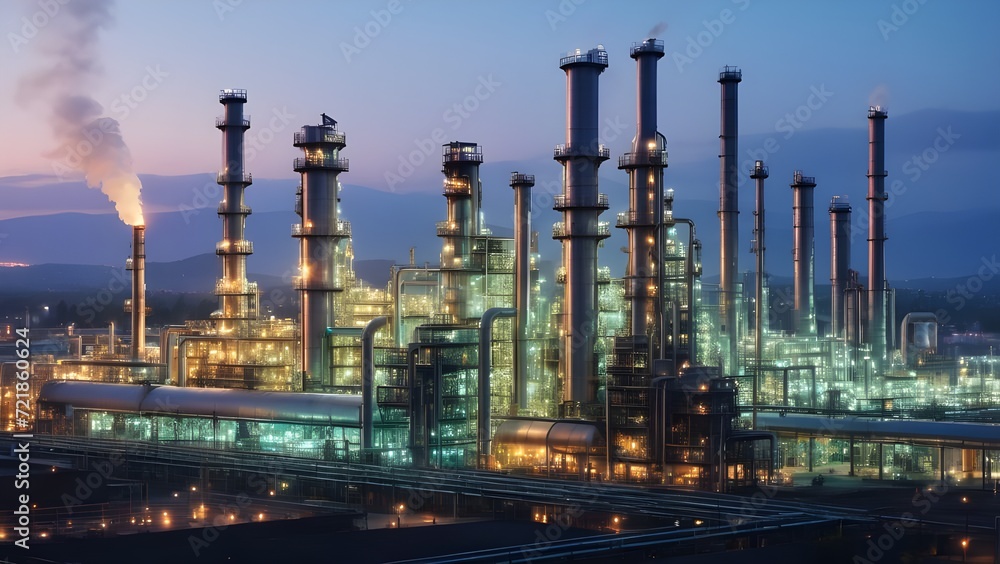 Obraz premium Oil Refinery with holographic translucent effect high detailed super realistic quality