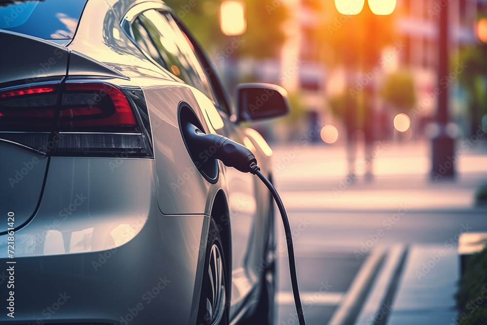 EV car parked at charging station Green car concept of the future with EV cars powered by clean, renewable energy sources. EV car parked at charging station Green car concept of the future with EV cars powered by clean, renewable energy sources.