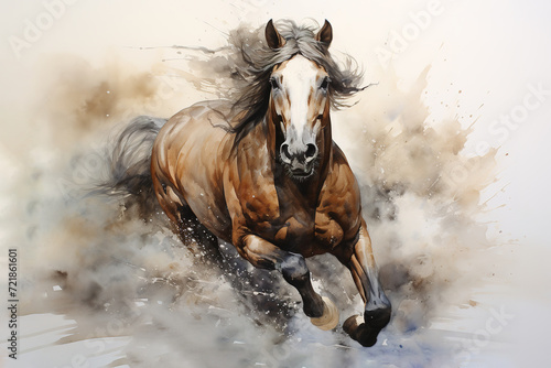 Beautiful watercolor painting of a running brown horse. Wild Animals. Illustration, Generative AI.