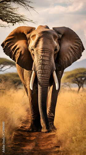 Powerful Majesty of a Tranquil African Elephant in Savannah Landscape: A Portrait of Resilience and Charm © Glen