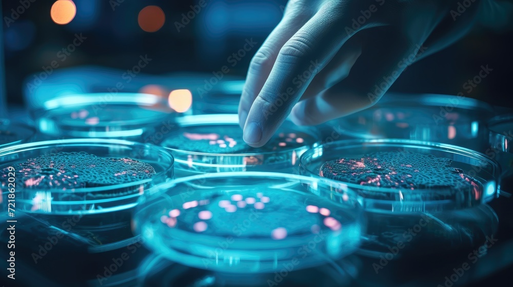 Naklejka premium Close-up scientist conducting research of medicine lab and pharma production, chemistry genetic lab, nanomaterial research, AI generated, copy space for text