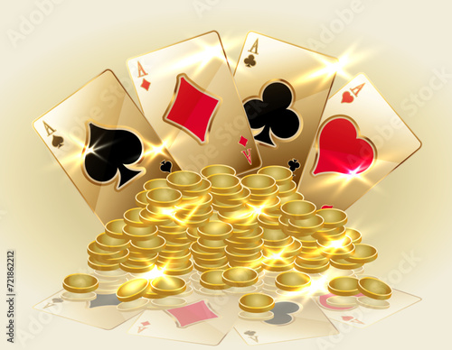 Casino vip banner with golden coins and poker cards, vector illustration