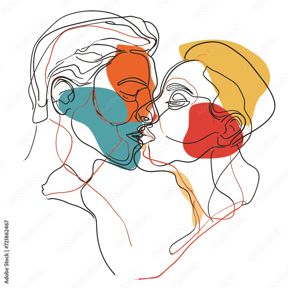 Simple abstract line drawing illustration of a couple kissing