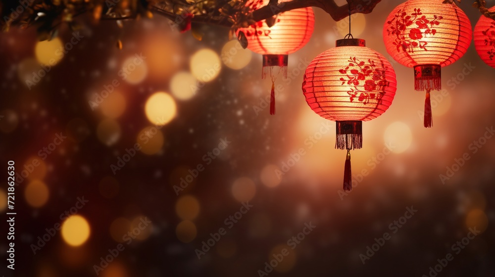 Chinese lunar with bokeh city light at night during new year festival. Chinese new year celebration banner background. Generative AI Chinese lunar with bokeh city light at night during new year festival. Chinese new year celebration banner background. Generative AI