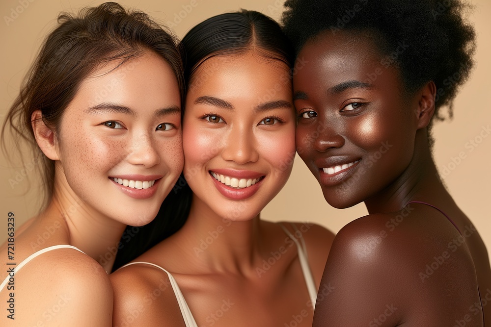 Close-up portrait of three diverse joyful women with radiant smiles, showcasing friendship and diverse beauty together. Close-up portrait of three diverse joyful women with radiant smiles, showcasing friendship and diverse beauty together.