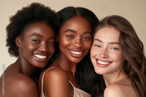 Close-up portrait of three diverse joyful women with radiant smiles, showcasing friendship and diverse beauty together.