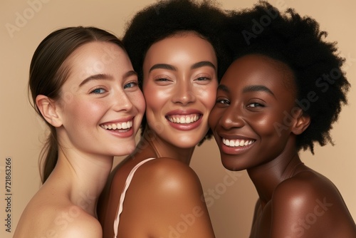 Close-up portrait of three diverse joyful women with radiant smiles, showcasing friendship and diverse beauty together. © Rudsaphon