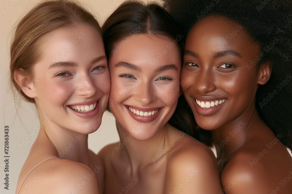 Close-up portrait of three diverse joyful women with radiant smiles, showcasing friendship and diverse beauty together. Close-up portrait of three diverse joyful women with radiant smiles, showcasing friendship and diverse beauty together.