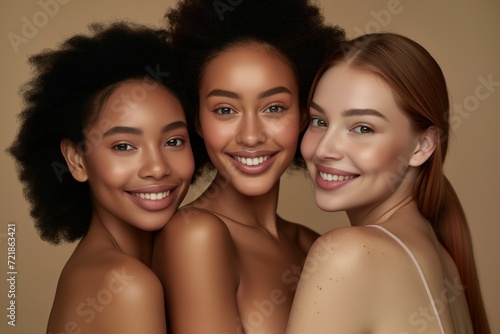 Close-up portrait of three diverse joyful women with radiant smiles, showcasing friendship and diverse beauty together.