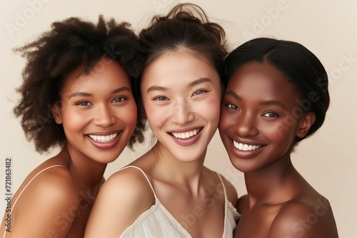 Close-up portrait of three diverse joyful women with radiant smiles, showcasing friendship and diverse beauty together. © Rudsaphon