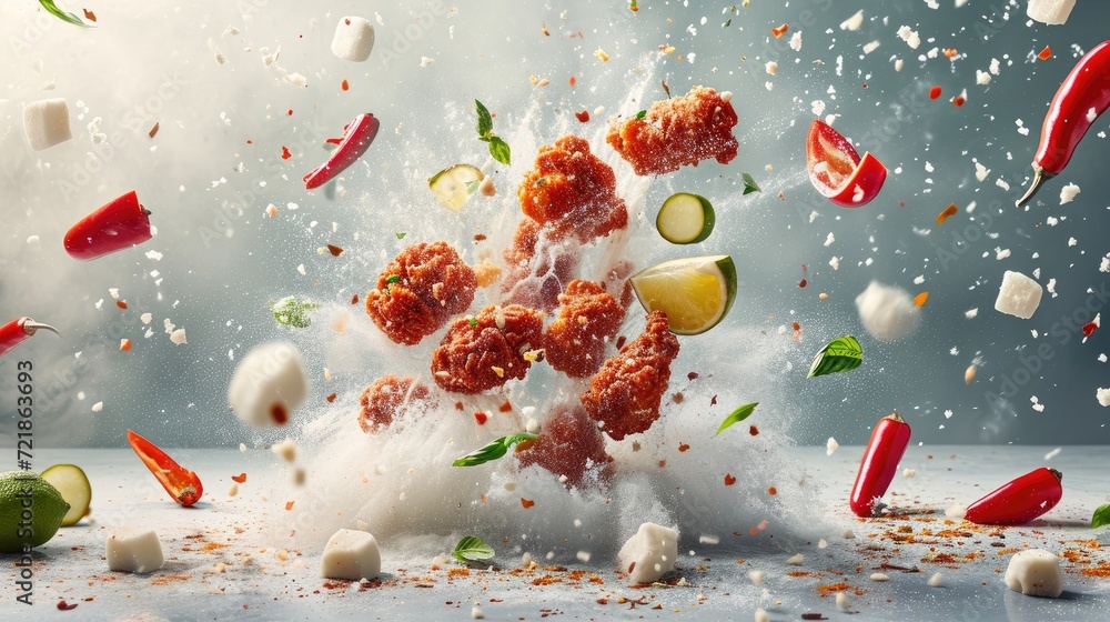 A dramatic presentation of spicy crispy fried chicken with an explosion of spices and breading, captured in a high-speed photograph. - obrazy, fototapety, plakaty 