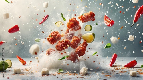 Fototapeta Naklejka Na Ścianę i Meble -  A dramatic presentation of spicy crispy fried chicken with an explosion of spices and breading, captured in a high-speed photograph.