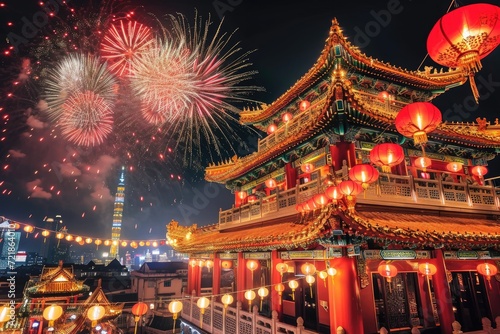 Spectacular fireworks burst over a traditional Chinese temple adorned with red lanterns, capturing the essence of Lunar New Year celebrations.