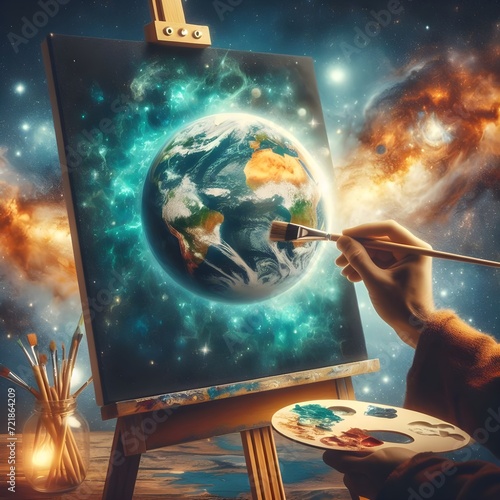 God hands hold paintbrush painting the earth on cosmic canvas in space