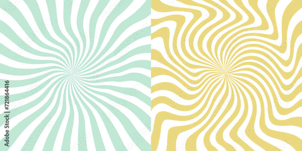 Set of groovy hippie posters. Trippy spiral wavy lines background. Psychedelic sunburst radial burst wallpaper. 