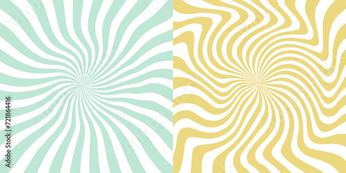 Set of groovy hippie posters. Trippy spiral wavy lines background. Psychedelic sunburst radial burst wallpaper.  photo