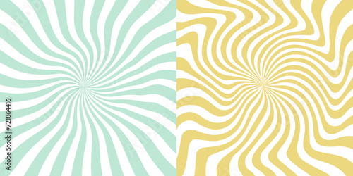 Set of groovy hippie posters. Trippy spiral wavy lines background. Psychedelic sunburst radial burst wallpaper. 