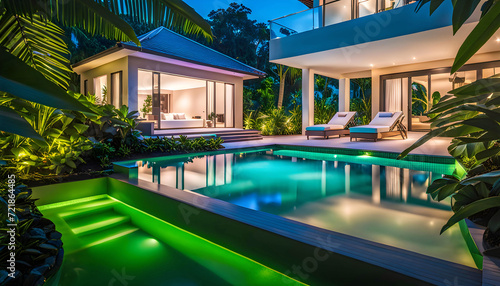 Luxury villa with tropical pool and exquisite architecture in a lush green garden, ripples on the water, mysterious evening lighting, tropical resort holiday and vacation concept, © Perecciv