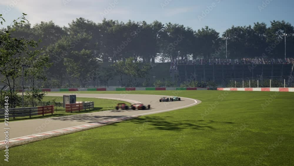 Watching a race of the virtual motorsport cars championship. Motorsport cars drive on the track for championship points. Motorsport cars compete on the circuit for championship victory Watching a race of the virtual motorsport cars championship. Motorsport cars drive on the track for championship points. Motorsport cars compete on the circuit for championship victory