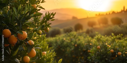 Golden sunset over lush orange grove. serene orchard scene. perfect for agriculture and travel themes. AI