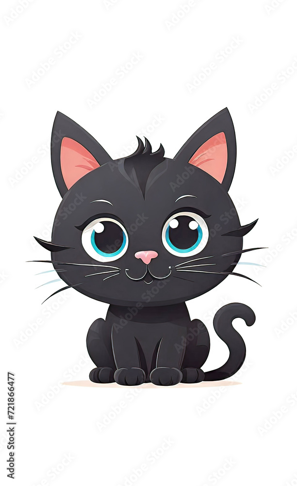 vector illustration, flat logo of cute black cat vector icon, primitive childish doodle isolated on white background, favorite pets,