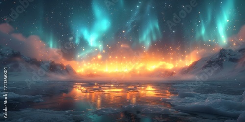 Majestic northern lights over icy landscape. surreal nature scenery captured. perfect for wallpapers and backgrounds. AI