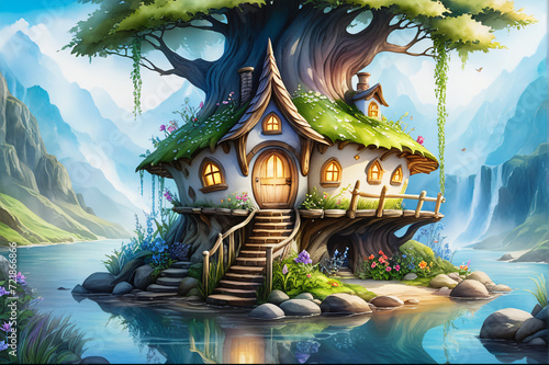 fairy tale house in water lake