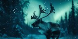 Majestic reindeer under northern lights. enchanting winter night, fantasy style. stunning wildlife scene for calm backgrounds. AI