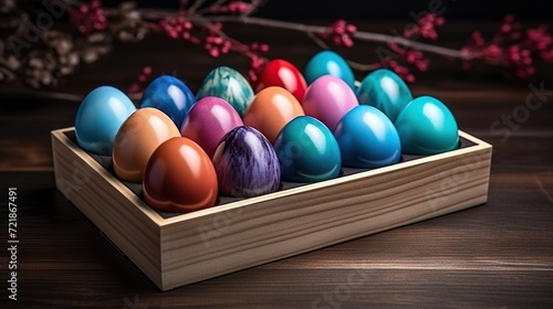 Colorful eggs on a wooden tray for happy Easter day celebration concept background. Created with Generative AI