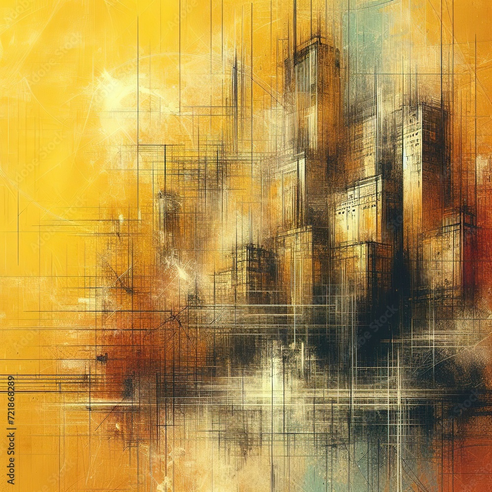 Abstract grunge and scratched technique yellow color concrete wall