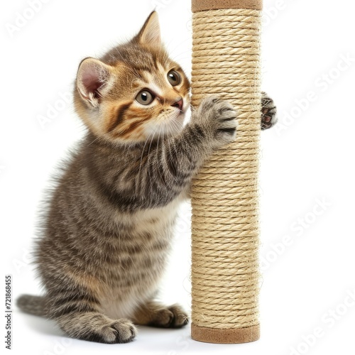A charming kitten portrait, scratching a post, isolated on white background, Ai Generated